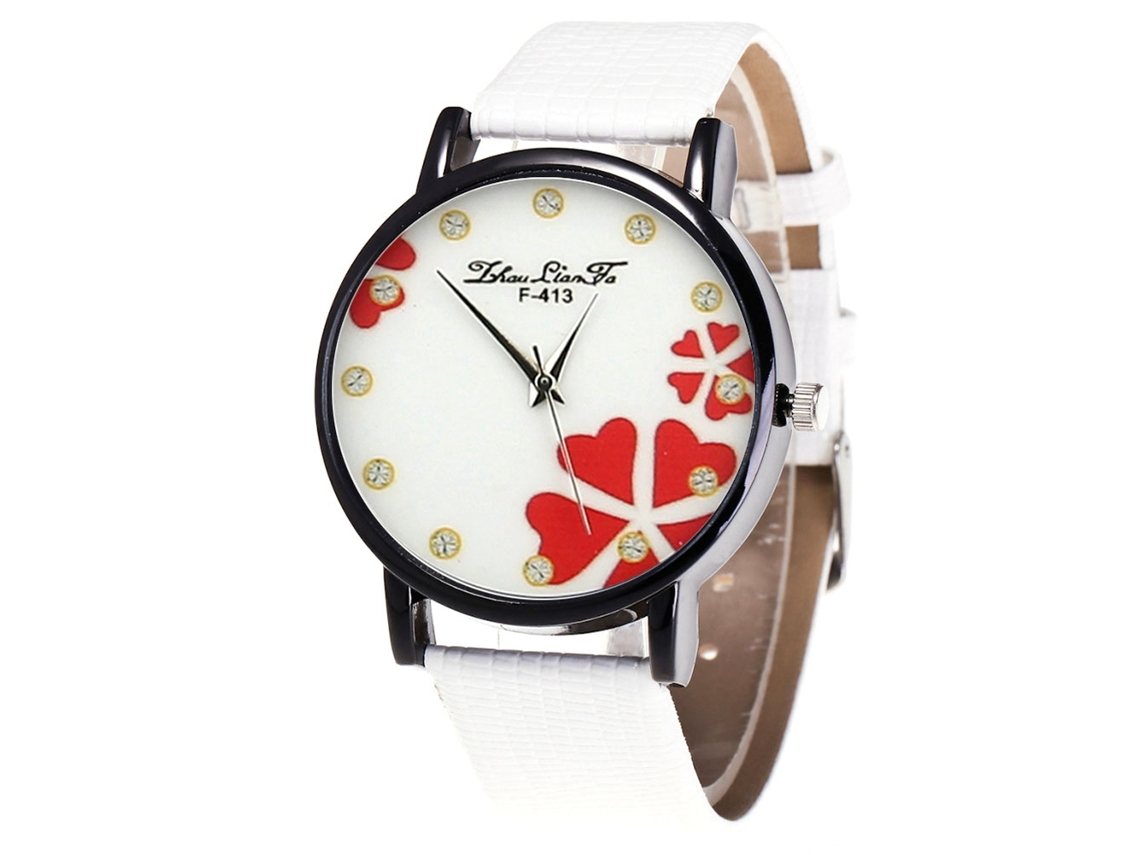 Relógio de Pulso Feminino Estudante com Pulseira de Couro Pu Mostrador de Coração Moderno Branco