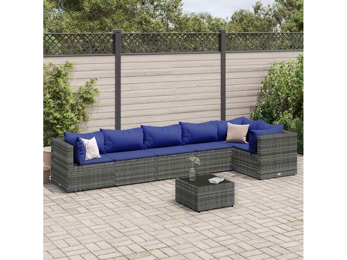 Vidaxl 7 Pcs Conjunto Lounge De Jardim C/ Almofadões Vime Pe Cinzento