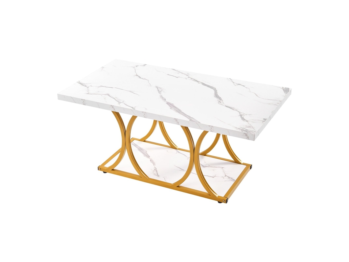 Mesa De Centro Retangular Mármore Branco 100x55cm Com 2 Níveis E Pés Geométricos Dourados - Design Moderno Para Sala De Estar Tekmaquinas
