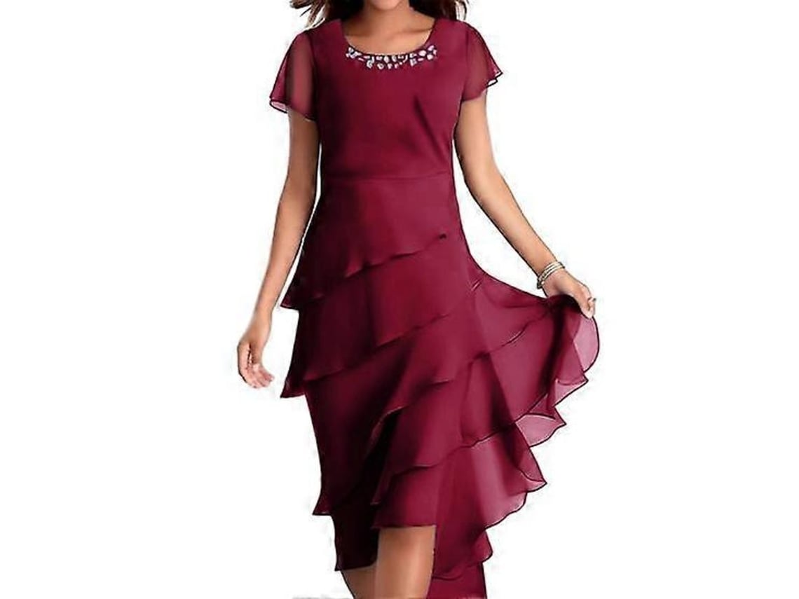 2026 vestido Elegante de Mujer Con Cuello O, Mangas Cortas, Decoración de Perlas Y Falda Capa Midi para Fiesta Y Boda