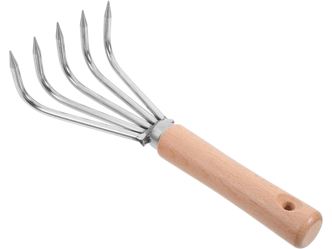 Cultivador Manual Ergonômico Inoomp com Cabo de Madeira, Ancinho Compacto de Aço Inoxidável para Afofar o Solo e CHABERLU