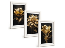 Conjunto De Pinturas Flores, Amarelo, Fundo Escuro Moldura Branca Quadros Para A Sala De Estar Espelharte (3 Peças 20x30 Cm)