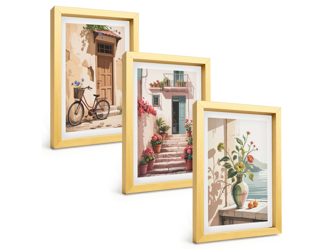 Composição De Quadrosruas, Flores E Bicicletas Moldura Dourada Imagens Para Um Quarto Infantil Espelharte (3 Peças 20x30 Cm)