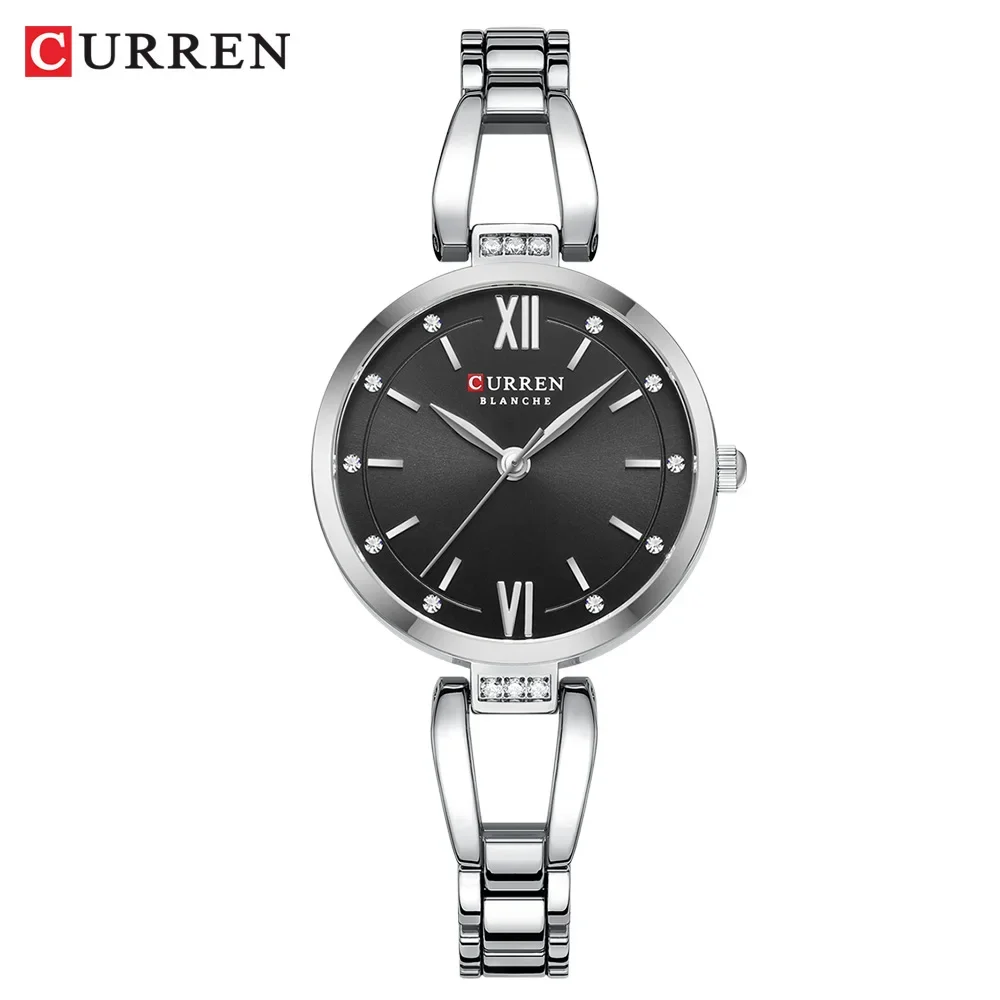 Relógio Feminino , Cravejado com Strass Brilhantes, Pulseira Simples em Aço Inoxidável. MDUG (prateado e Preto)
