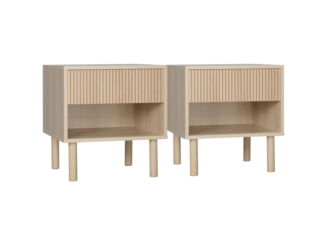 Conjunto De 2 Mesas De Cabeceira, Gavetas E Nichos, Estilo Moderno, 47 × 47 × 50 Cm, Madeira Natural