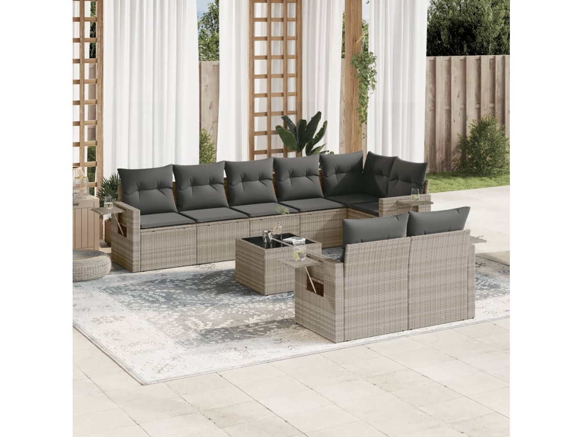 Vidaxl 9 Pcs Conj. Sofás Jardim Com Almofadões Vime Pe Cinzento-claro