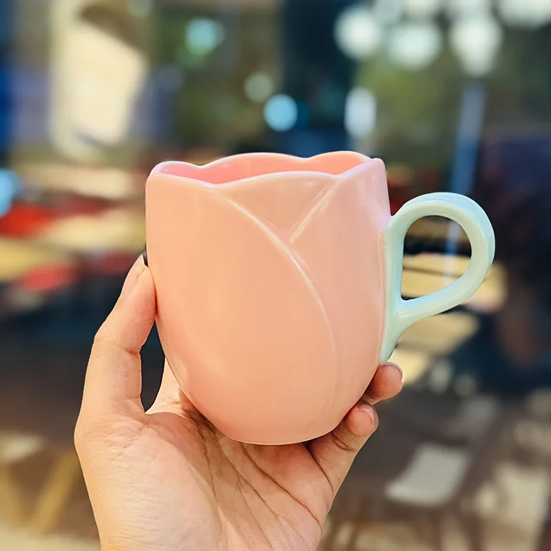 Caneca de Cerâmica Personalizada em Formato de Tulipa com Relevo , Estilo Francês. MDUG (rosa, 350 Ml)