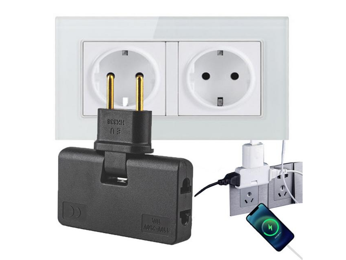 Adaptador De Tomada Ue Giratório 3 Em 1 Com Extensão 180 Graus M