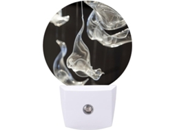 Luminária de parede noturna com plugue, com linhas e curvas roxas, sensor de LED e luz noturna branca suave.