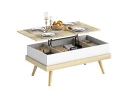 Mesa De Centro Elevável Com 3 Compartimentos Ocultos E Pés Em Madeira, 100x79x54 Cm, Natural E Branco