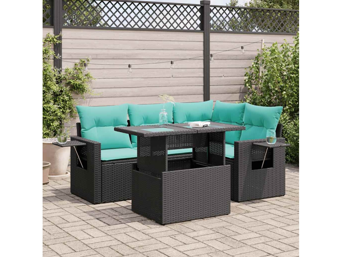 Vidaxl 5 Pcs Conj. Sofás Jardim C/ Almofadões Vime Pe/acácia Preto