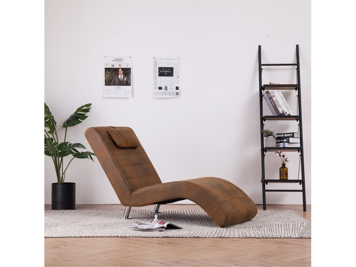 Vidaxl Chaise Longue Com Almofada Camurça Artificial Castanho