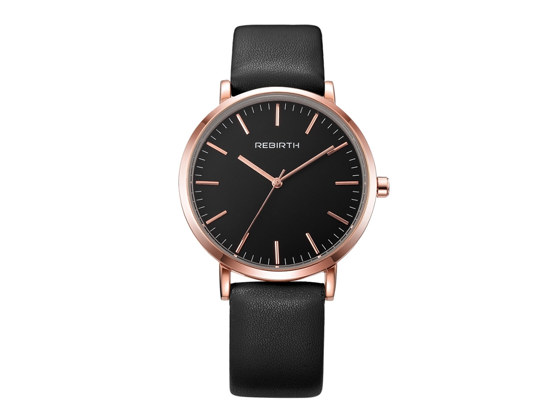 Relógio de Pulso Feminino Rebirth de Quartzo com Dial Grande Redondo Preto e Caixa Dourada