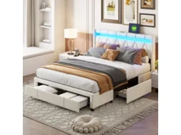 Cama De Casal Estofada 160x200 Com Cabeceira Led E Entrada Usb, Cama Com Espaço De Arrumação, Cama Funcional.