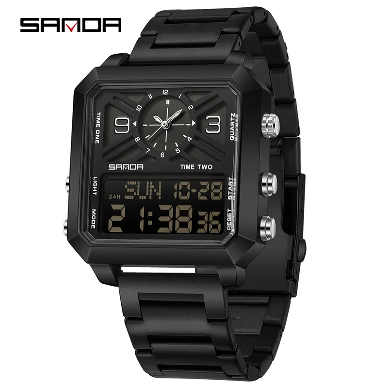 Relógio de Pulso Masculino Esportivo Quadrado com Visor Duplo Movimento de Quartzo em Aço Inoxidável MDUG
