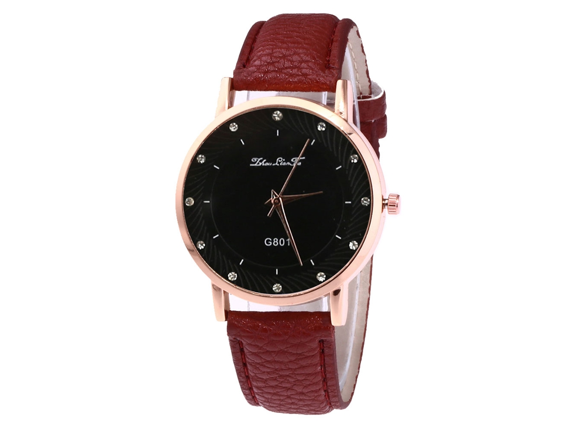 Relógio de quartzo com pulseira de couro PU, mostrador redondo, decoração com strass, unissex (marrom escuro)