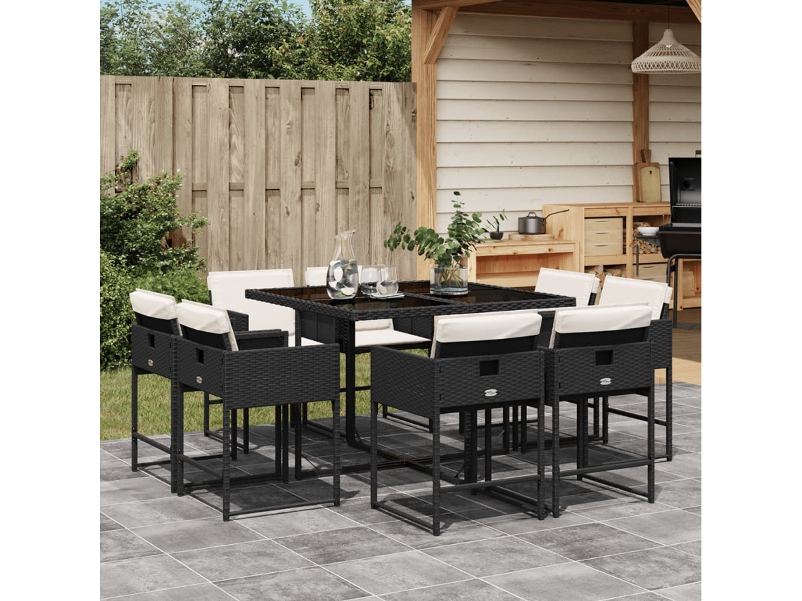 Vidaxl 9 Pcs Conjunto De Jantar P/ Jardim C/ Almofadões Vime Pe Preto