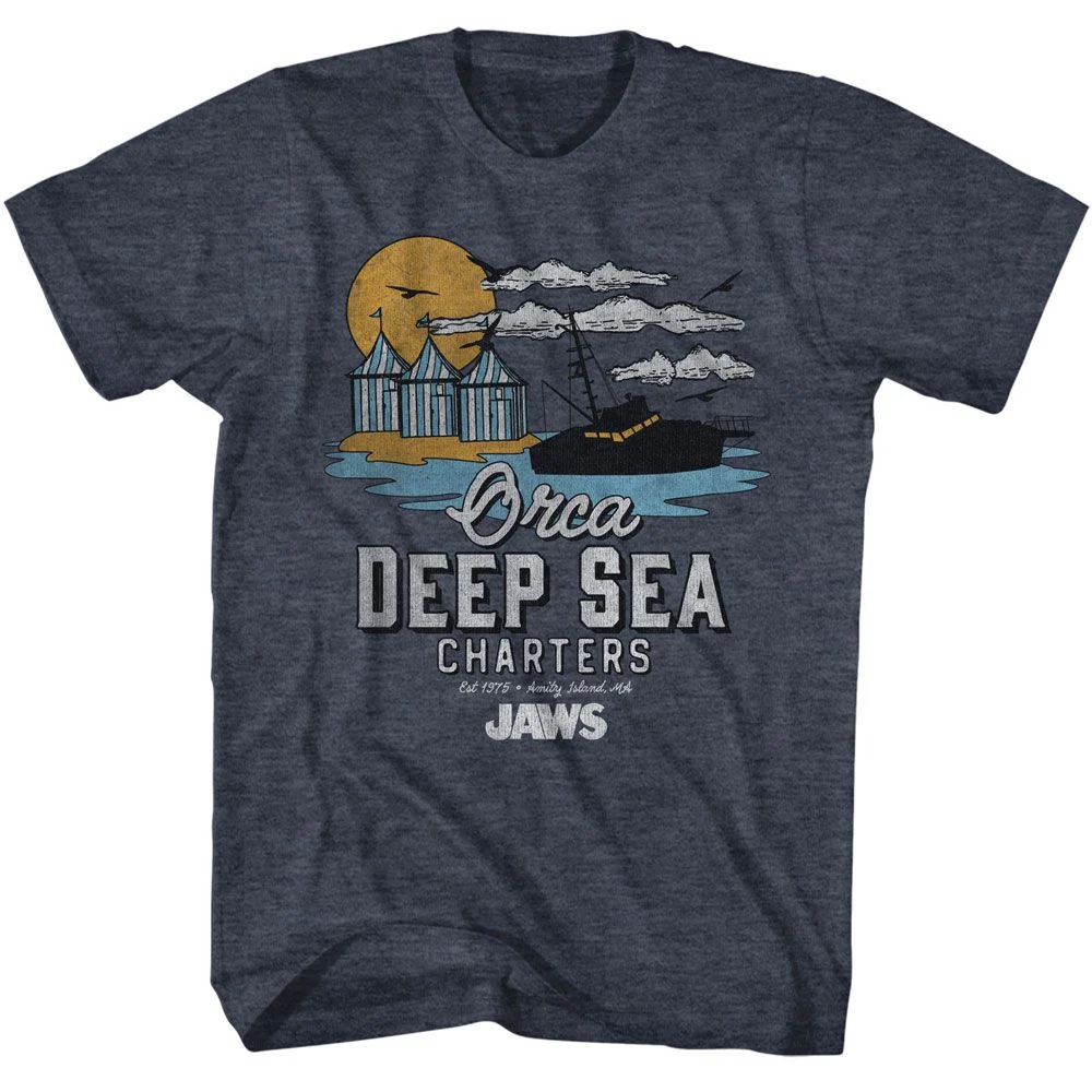 Rockinstone Jaws Movie Orca Charters Illustrated Heather Navy Adult Shirt Size:xxl