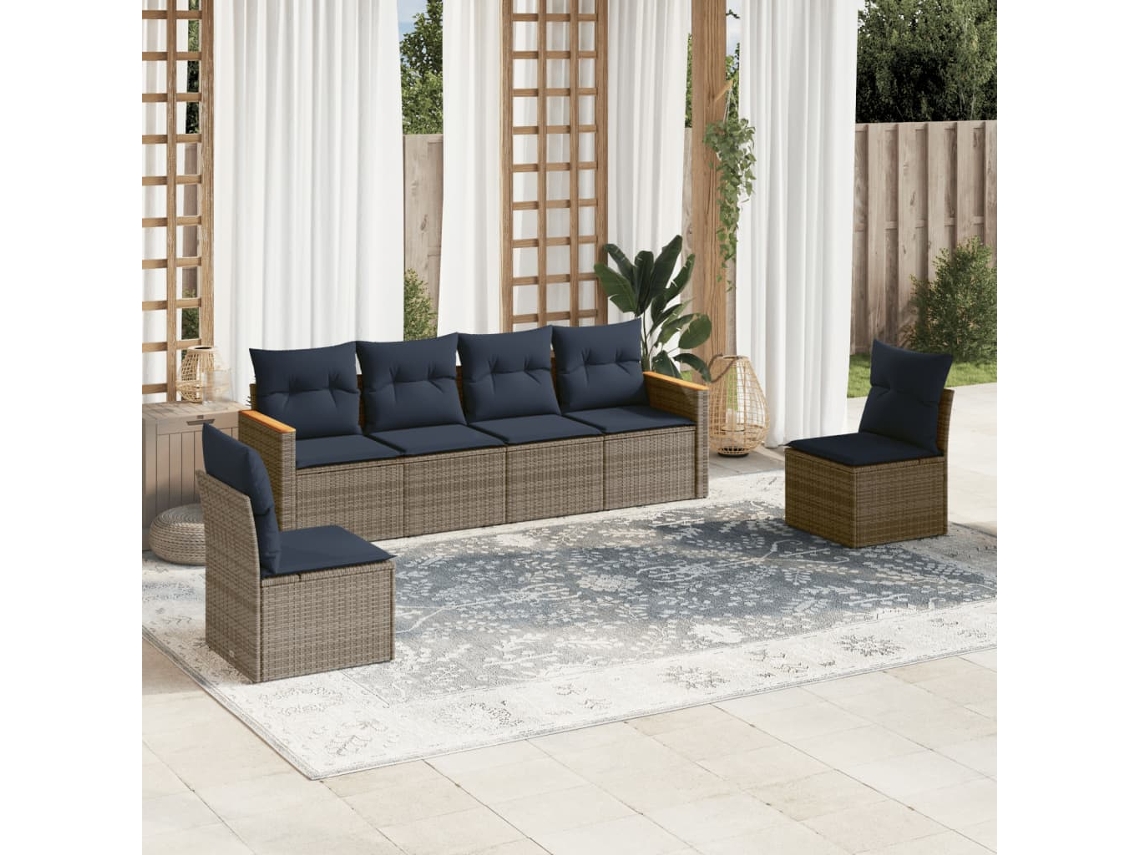 Vidaxl Conjunto De Sofá De Jardim Com 6 Peças E Almofadas Em Rattan Sintético Cinza