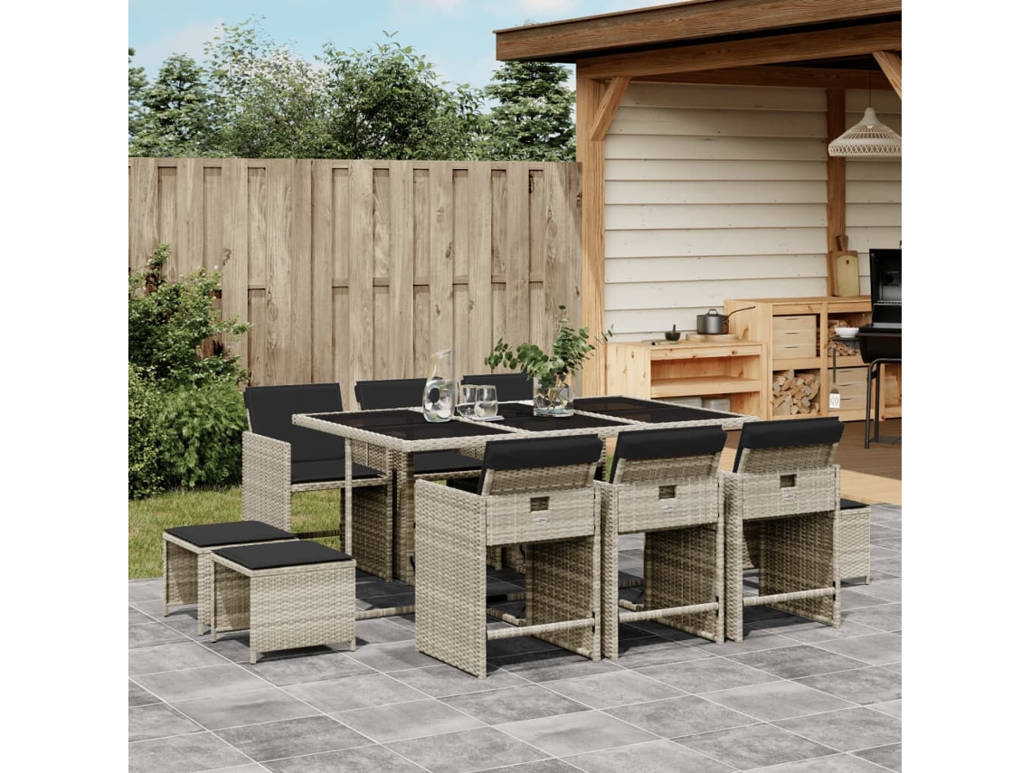 11 Pcs Conjunto Jantar P/ Jardim C/ Almofadões Vime Pe Cinza Dkd Home Decor