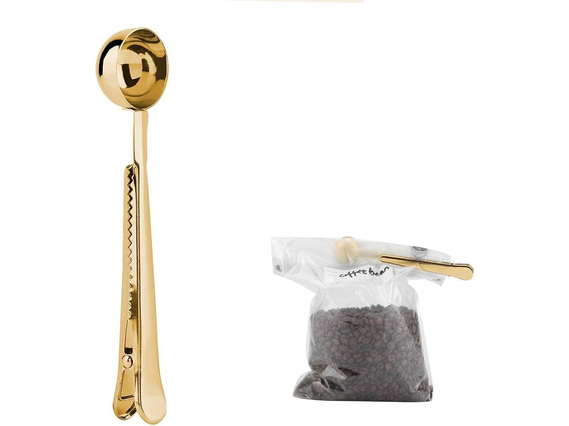 Medidor De Café 2 Em 1 Aço Inoxidável Com Trava Segurança E Colher Chá Cabo Longo, Dourado.