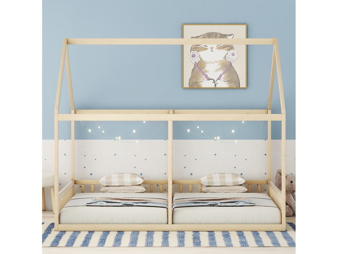 Cama De Solteiro 90x200 Cm, Design Inspirado Em Casas Naturais, Cama Baixa 2 Em 1 Para Crianças E Adolescentes, Design Lúdico E Multifuncional.