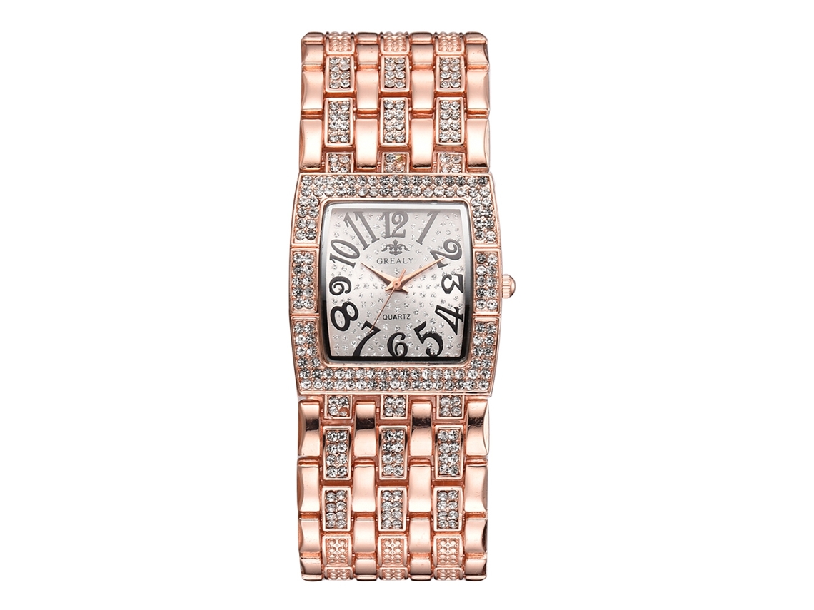 Relógio Feminino de Quartzo com Pulseira de Liga de Alliage Forma Quadrada Strass Dourado Rosa