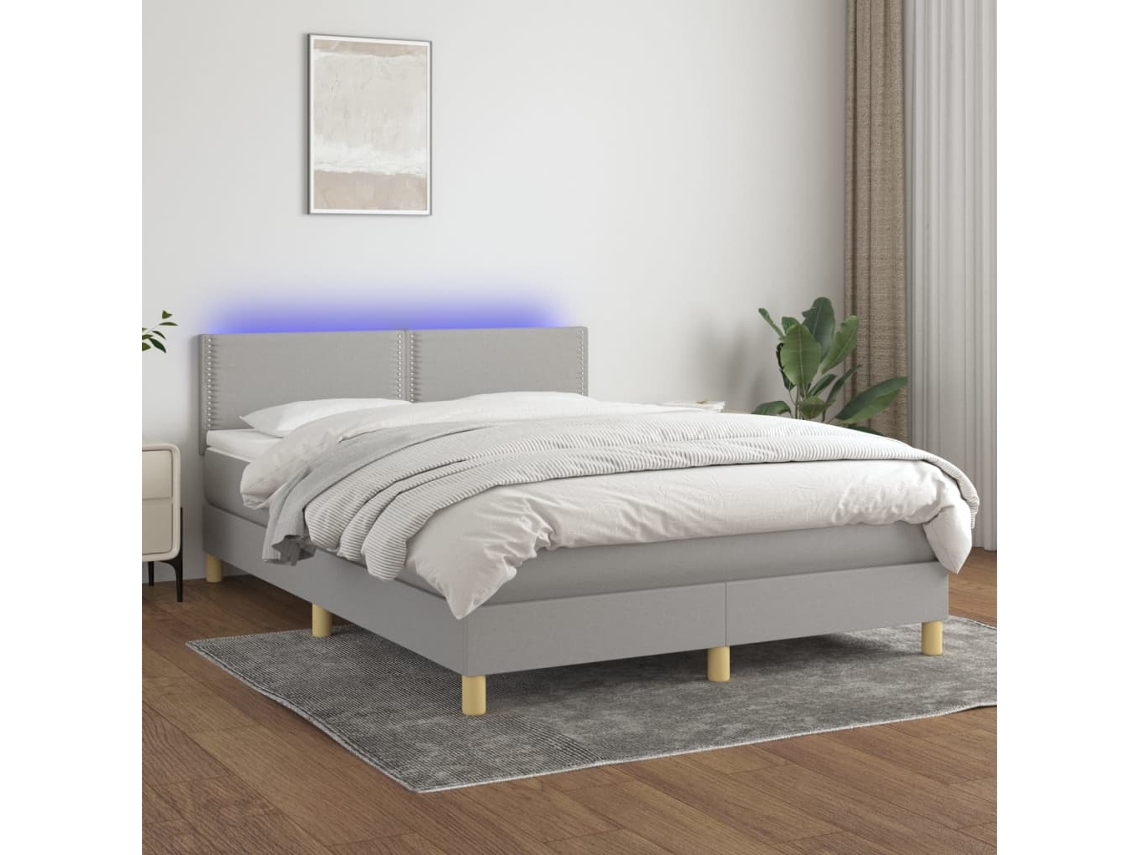 Cama box spring c/ colchão e LED 140x200 cm tecido cinza-claro