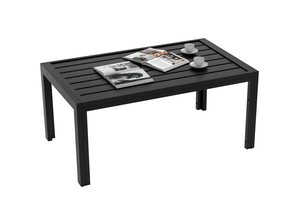 Mesa de Centro Retangular para Jardim/mesa Lateral para Pátio, Estrutura de Aço, Tampo Ripado, 101,5 X 61 X 46 Cm, Preta CHEZMOI