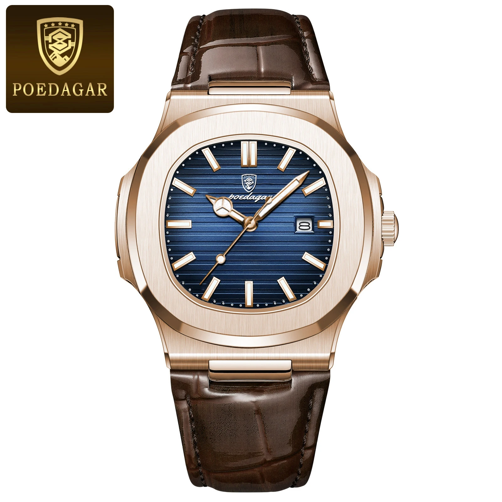 Relógio Masculino Casual Quadrado (ouro Rosa E Azul), À Prova D'água, Luminoso, Relógio De Pulso Para Negócios, Com Exibição De Data.