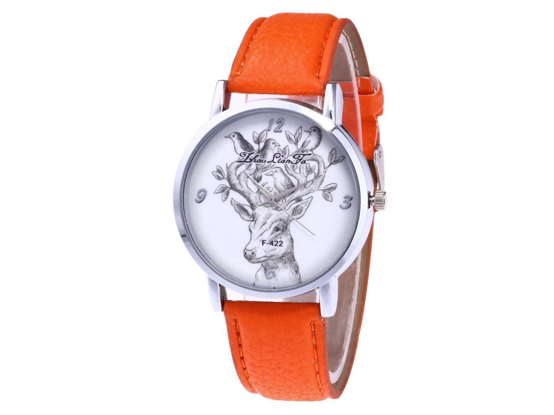 Reloj De Cuarzo Con Correa De Cuero Para Hombres, Patrón De Ciervo Y Pájaro, Naranja