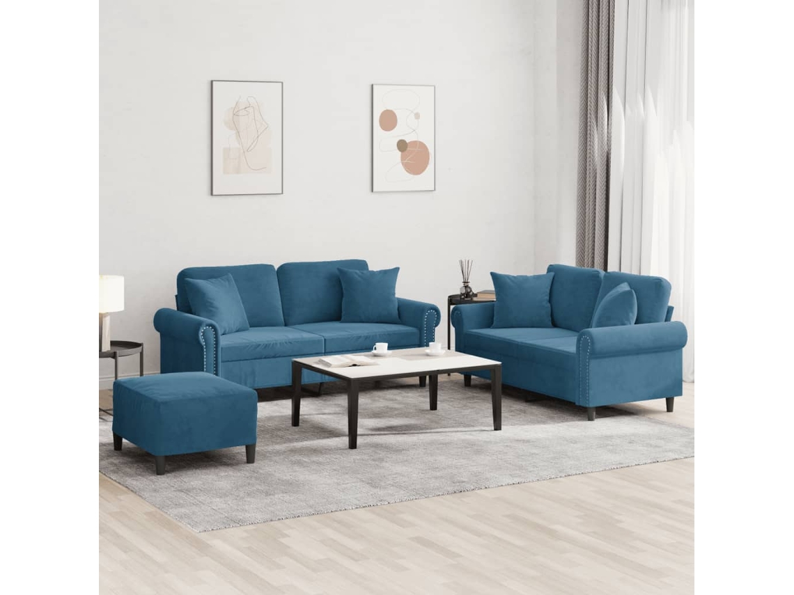Vidaxl 3 Pcs Conjunto De Sofás Com Almofadas Veludo Azul
