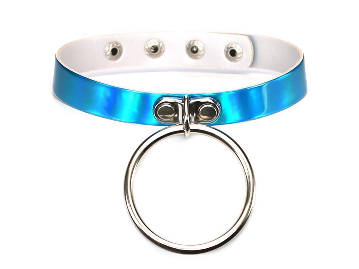 Colar De Couro Pu Punk Acessório Fashion Anel Circular Azul