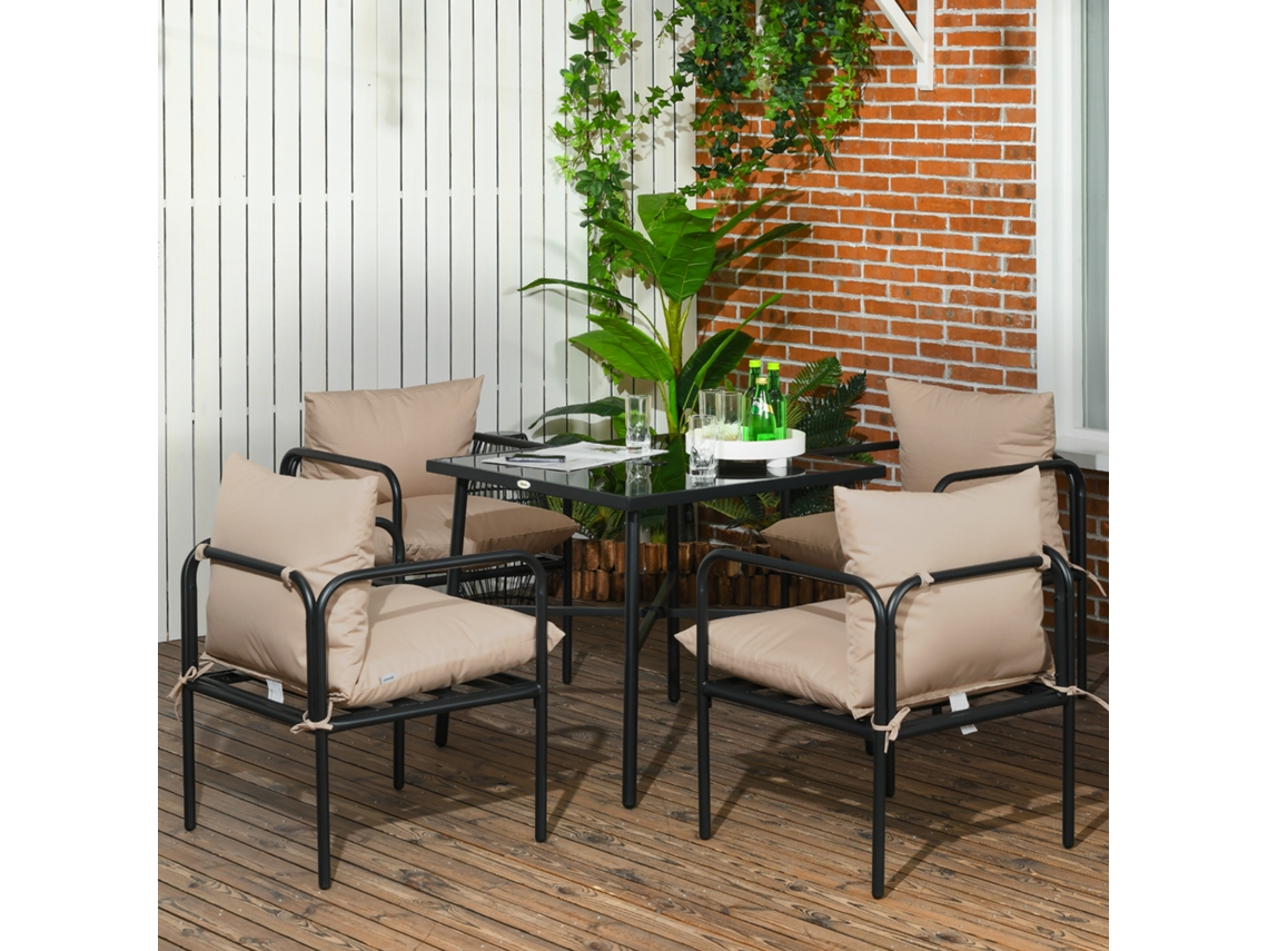 Conjunto De Móveis De Jardim 5 Peças: Mesa Quadrada E 4 Cadeiras Com Almofadas