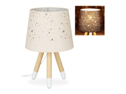 Candeeiro De Mesa Infantil Com Base Madeira E Cúpula Estrelada