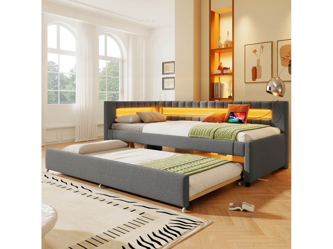 Sofá Cama 90x200cm Linho Cinza Com Led Usb Type-c Sem Colchão