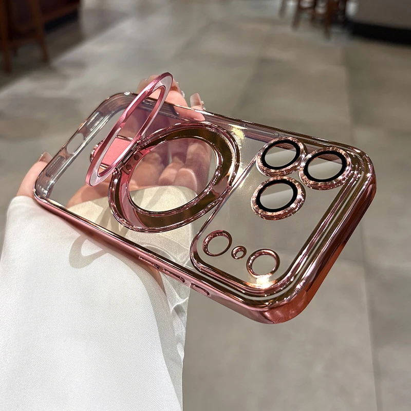 Capa Para Celular Com Suporte Magnético Em Anel Eletrorevestido (para Iphone 16 Pro Max Rosa), Resistente A Impactos.