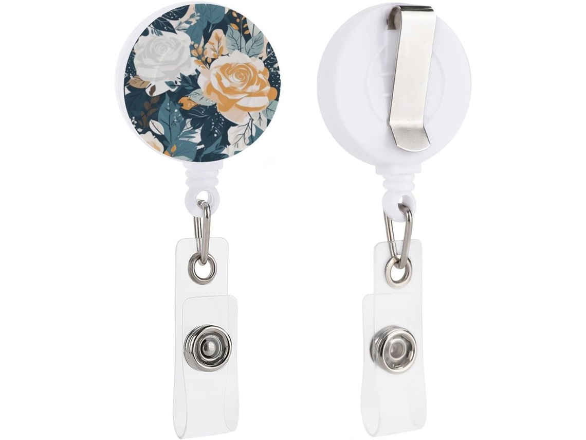 Porta-crachá retrátil com clipe chaveiro e estampa floral, um acessório charmoso, divertido e funcional.