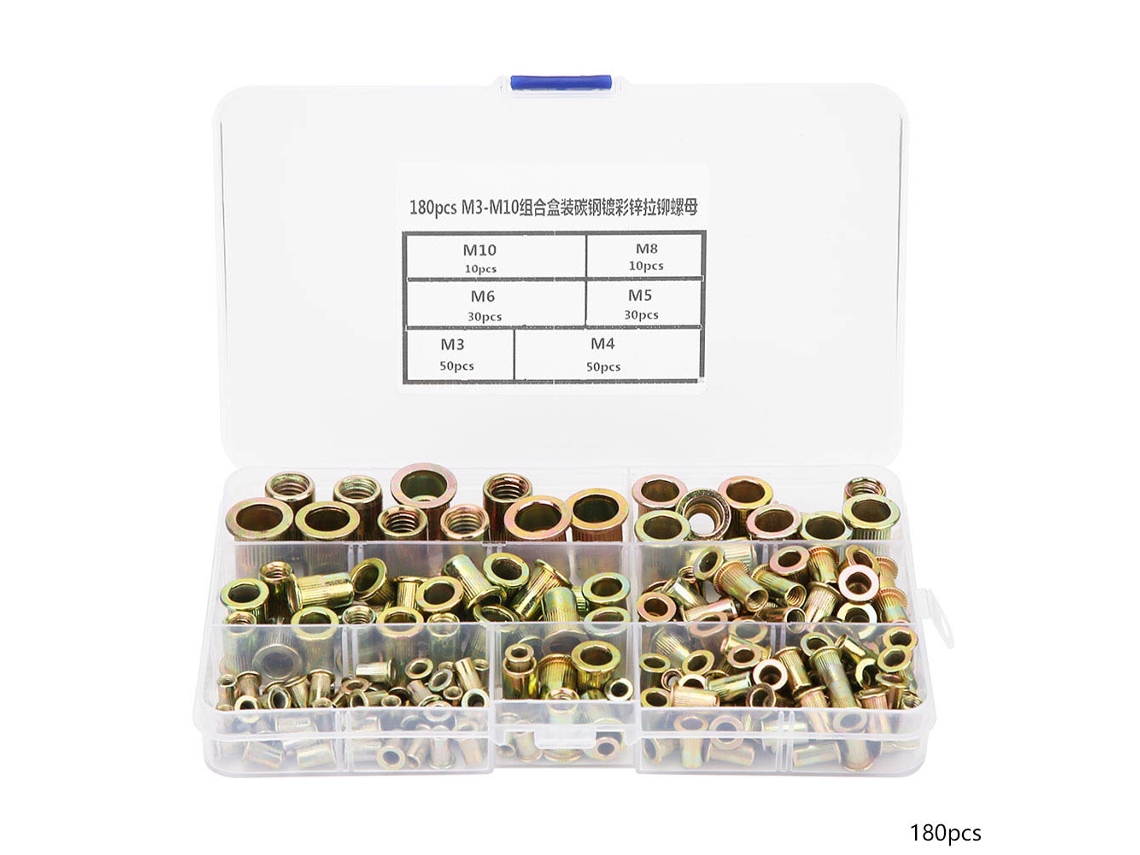 Kit Com 180 Peças De Porcas Rebite Cabeça Plana Roscada Em Aço Carbono Zincado, Tamanhos M3 A M10