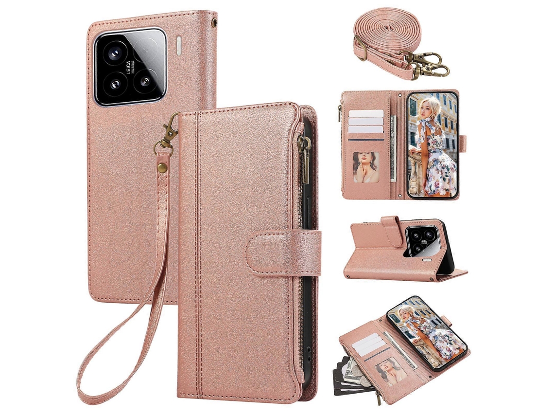 Capa De Couro Com Zíper E Vários Compartimentos Para Cartões Para Xiaomi 15 Com Alça De Ombro/pulseira Em Ouro Rosa