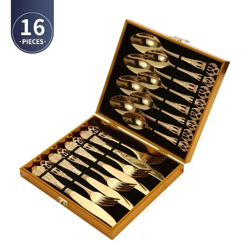 Conjunto de Talheres de Aço Inoxidável com Colher e Garfo Europeus Reais, Design Vintage, Lavável na Máquina de Lavar Louça MDUG (ouro, 16pcs)