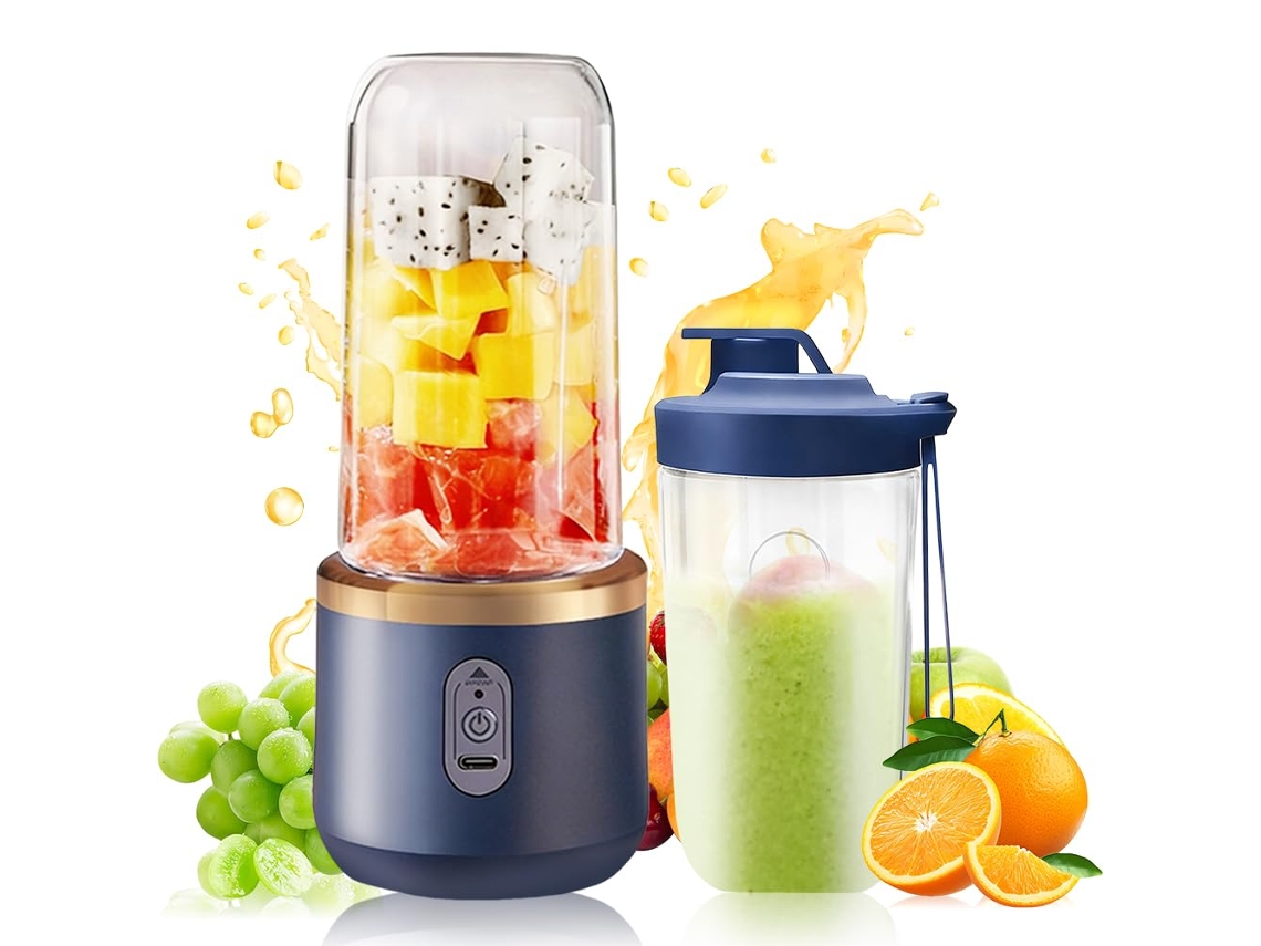 Liquidificador Portátil 400ml com Dois Copos e Tampa, Usb, 6 Lâminas, para Sumos e Batidos, Cor Azul.