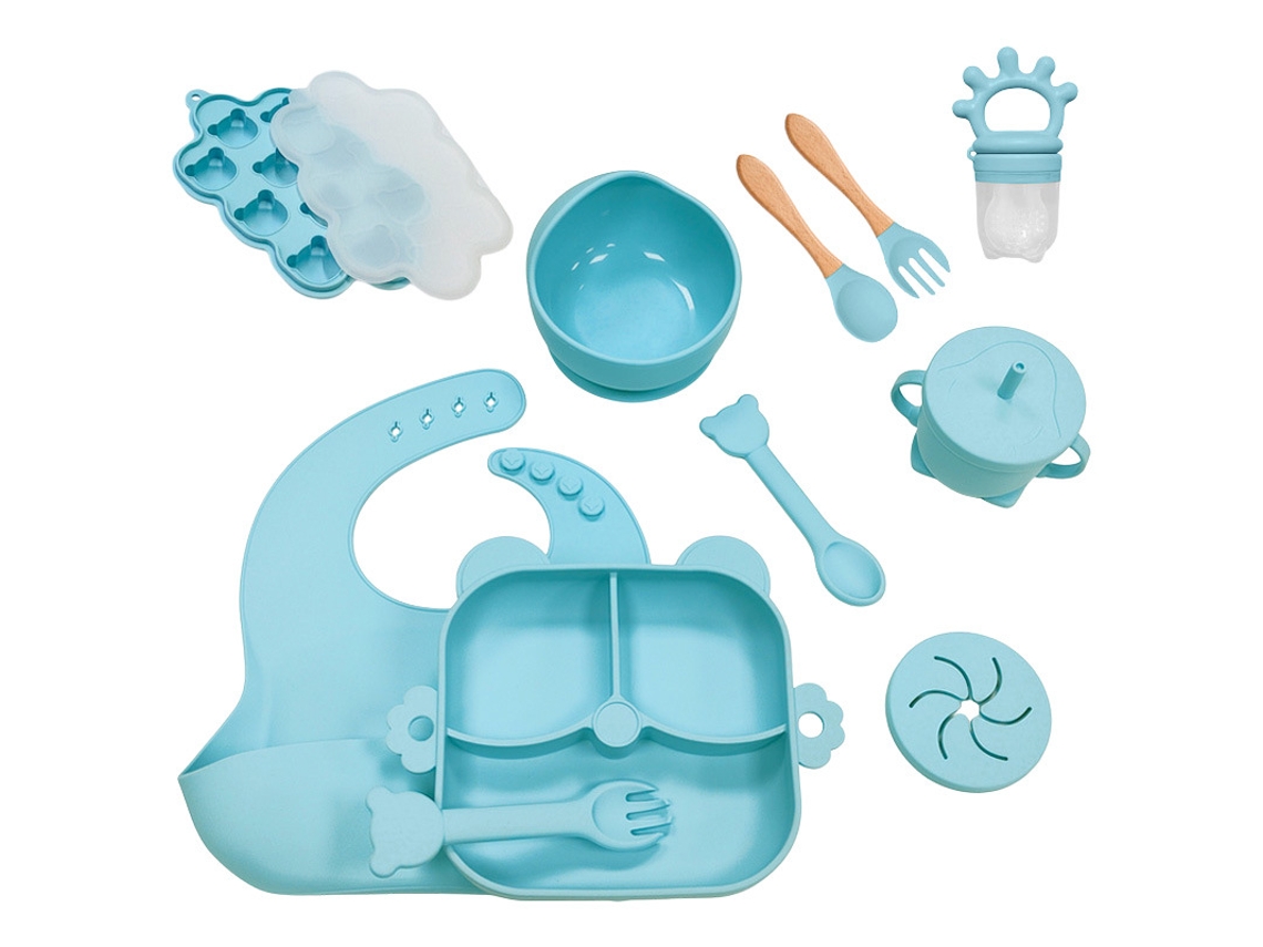 Conjunto Desmame Bebé EIFSON 6+ Meses Silicone Prato Tigela Copo Talheres 11 Peças (azul)