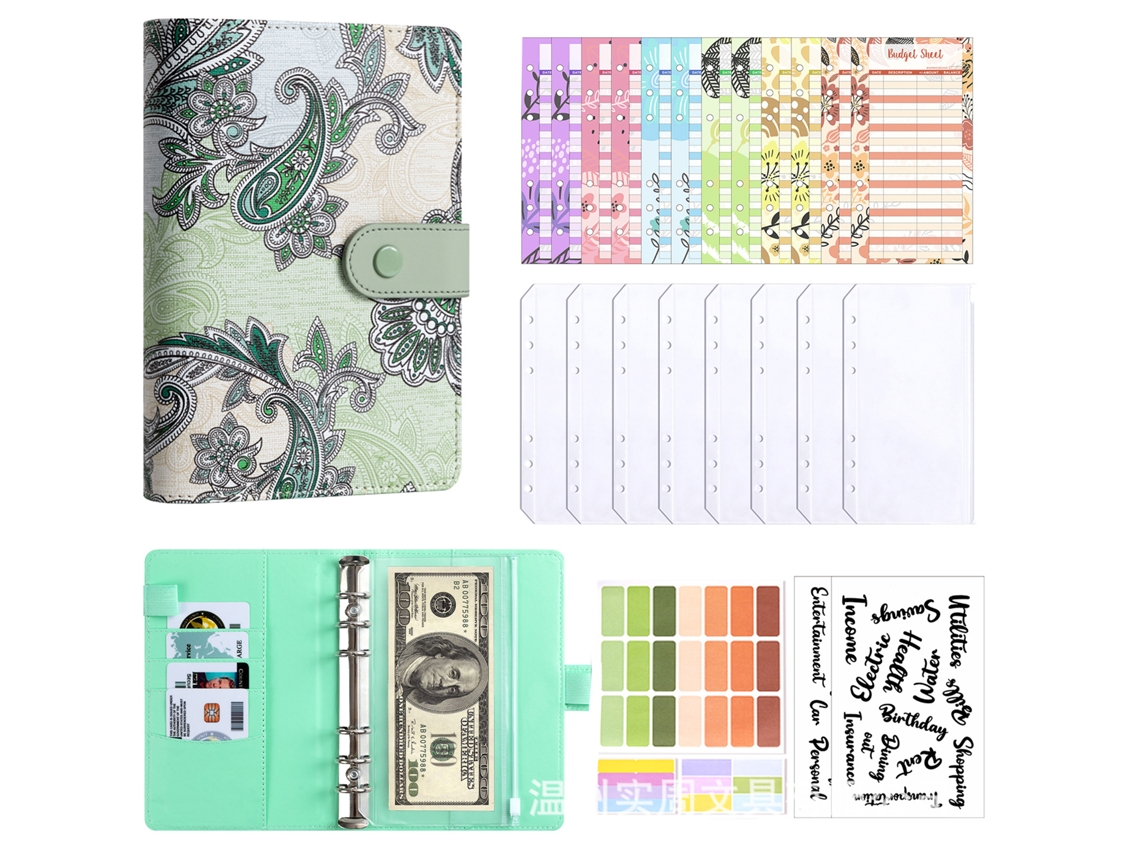 Paisley A6 Budget Planner Notebook With Macaron Ring Binder Green Cover, 8-zipper Pockets, 12-cash Budget Cards