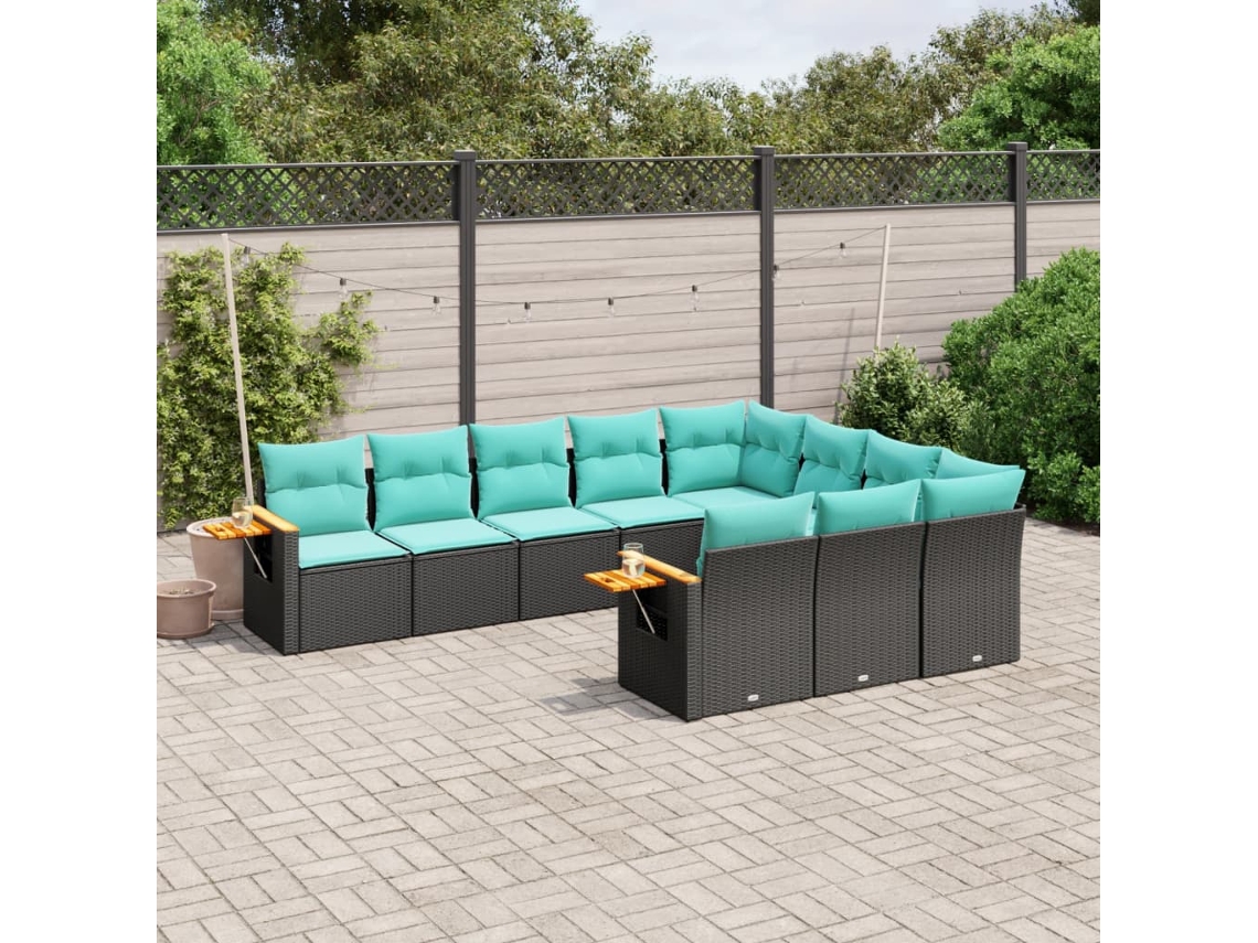 Conjunto de Sofás 10 Peças P/ Jardim C/ Almofadões Vime Pe Preto Dkd Home Decor