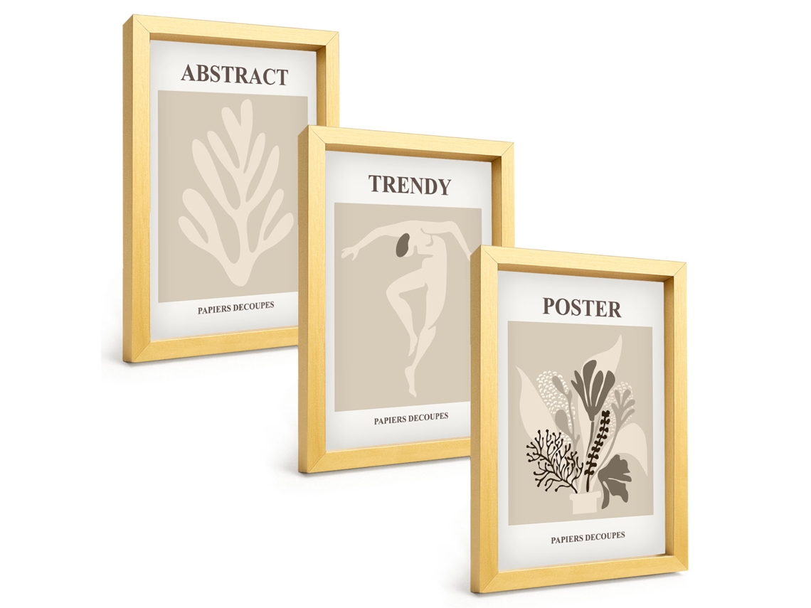 Composição De Quadrospadrões De Plantas Em Tons De Bege E Marrom Moldura Dourada Imagens Para Um Quarto Infantil Espelharte (3 Peças 20x30 Cm)