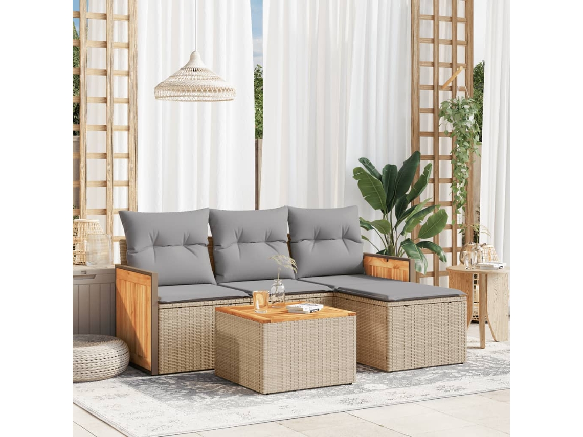 Conjunto de 5 Sofás para Jardim com Almofadas Vime Pe Bege Dkd Home Decor