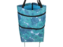 Sacola De Compras Dobrável E Portátil Com Rodas Escondidas, Design Em Plástico Azul.