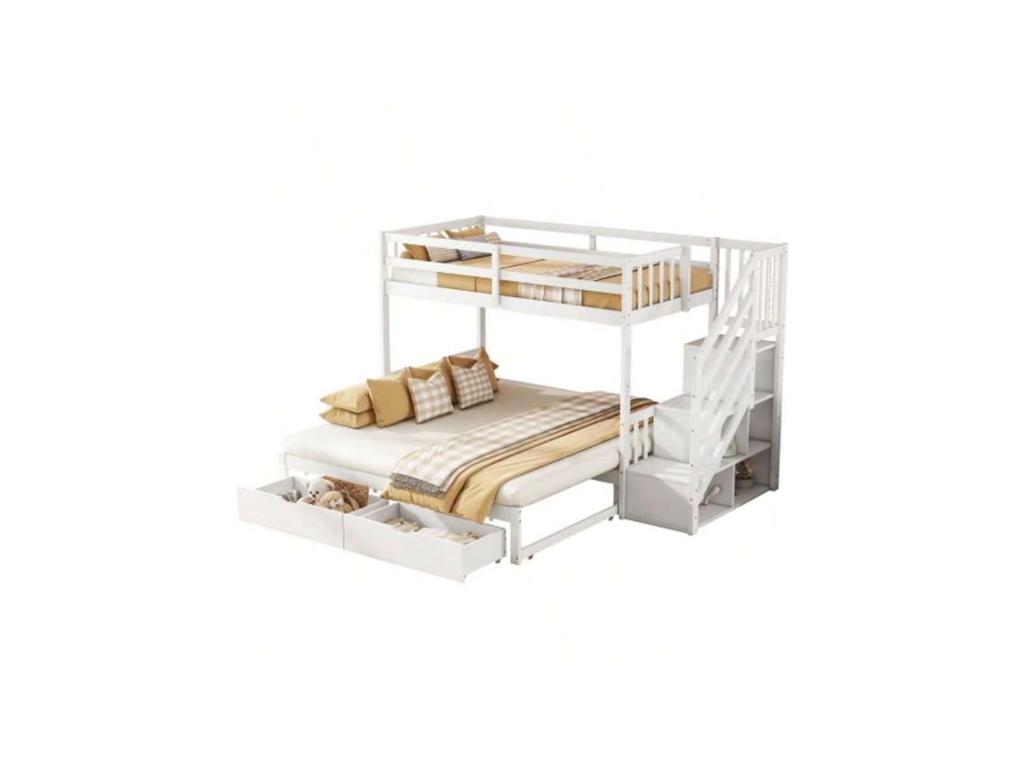Beliche De 90x200cm Com Cama Extra, Estrado Incluso , Degraus Armazenáveis, 2 Gavetas, Pinheiro, Design Minimalista, Branco Ehstmind (sem Colchão)