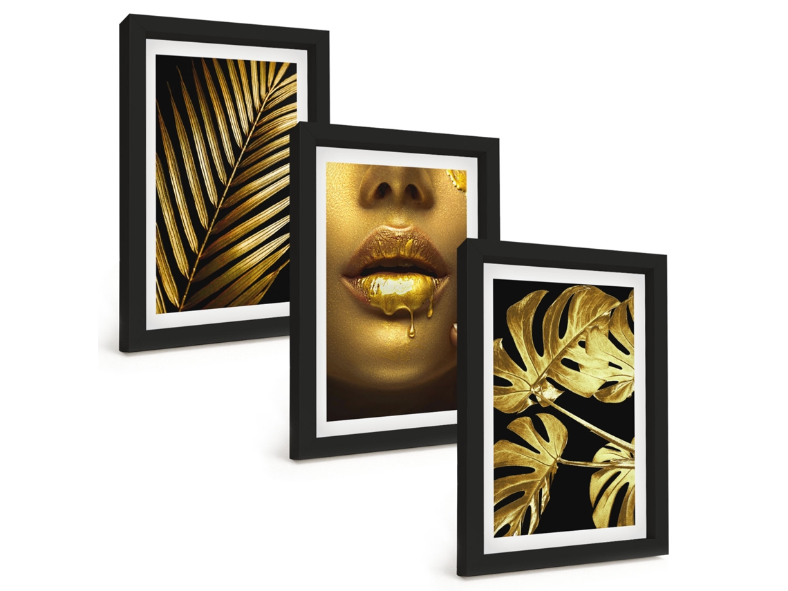 Pinturas Murais Modernasmonstera, Palmeira, Lábios De Mulher Moldura Preta Fotos Para O Corredor Espelharte (3 Peças 20x30 Cm)